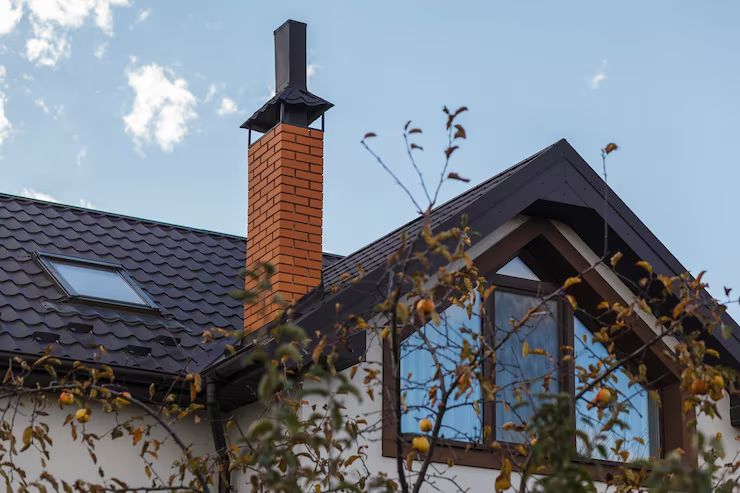 Brick chimney with a black shrouded cap rising over a Scarsdale roof