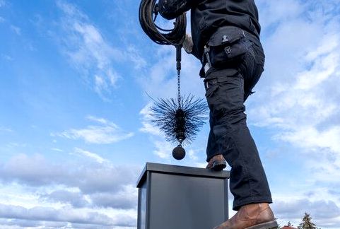 Weighted brush rig readied above a chimney chase