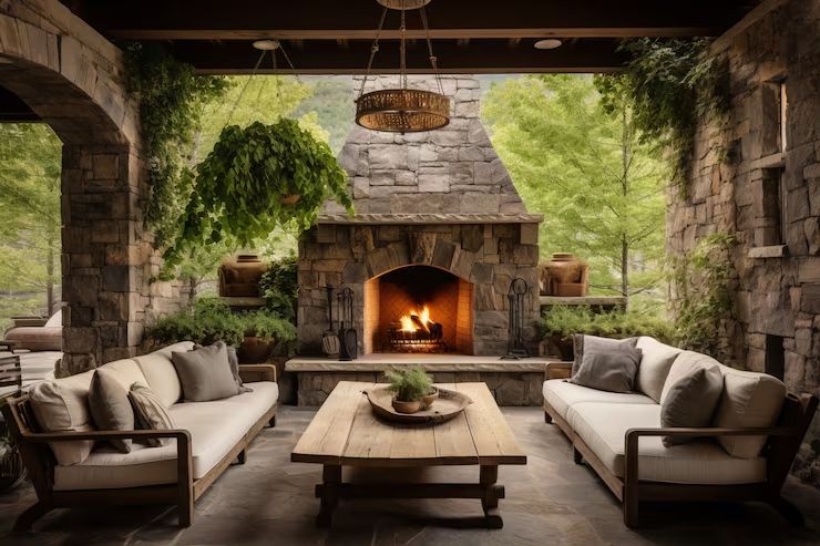 Grand stone outdoor fireplace anchoring a covered patio