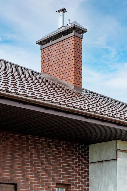 Chimney with stainless flue terminations above a tiled roof