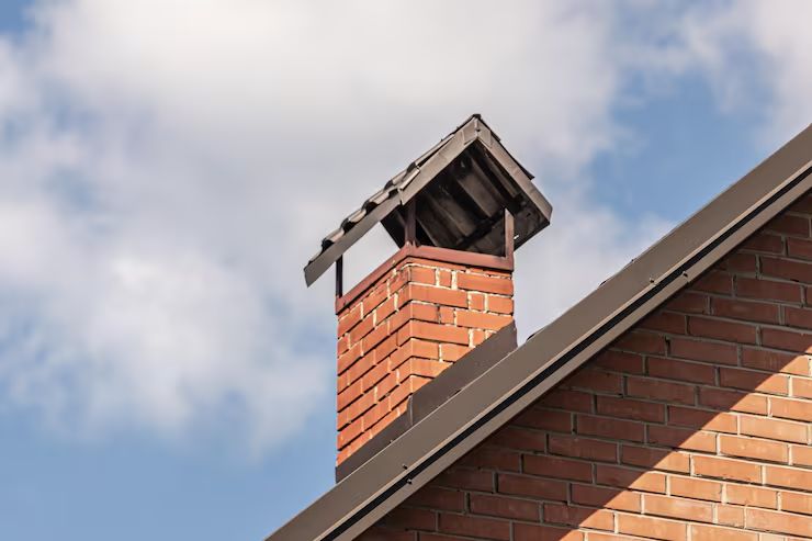 Brick chimney wearing a timber-roofed cap against blue sky
